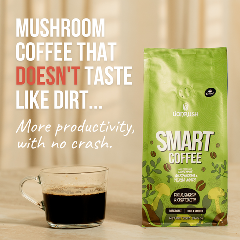 Smart Coffee package with a glass of coffee on a wooden surface