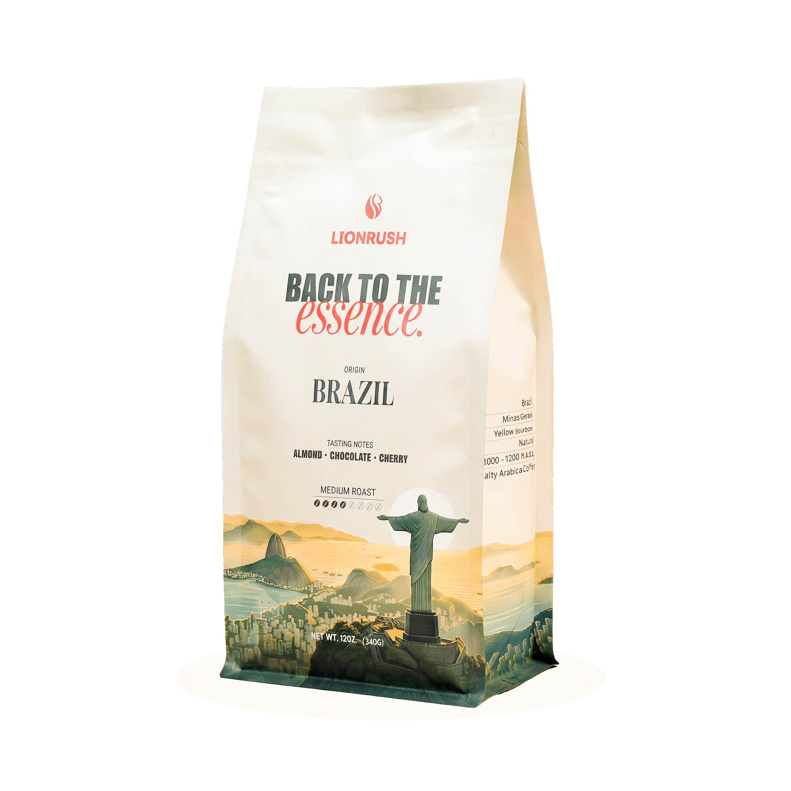 Coffee bag with 'Back to the Essence' branding and a scenic design on a white background