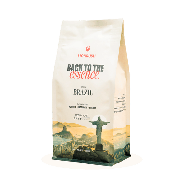 Coffee bag with 'Back to the Essence' branding and a scenic design on a white background