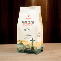 Coffee bag with Lionrush branding and a scenic design on a wooden surface