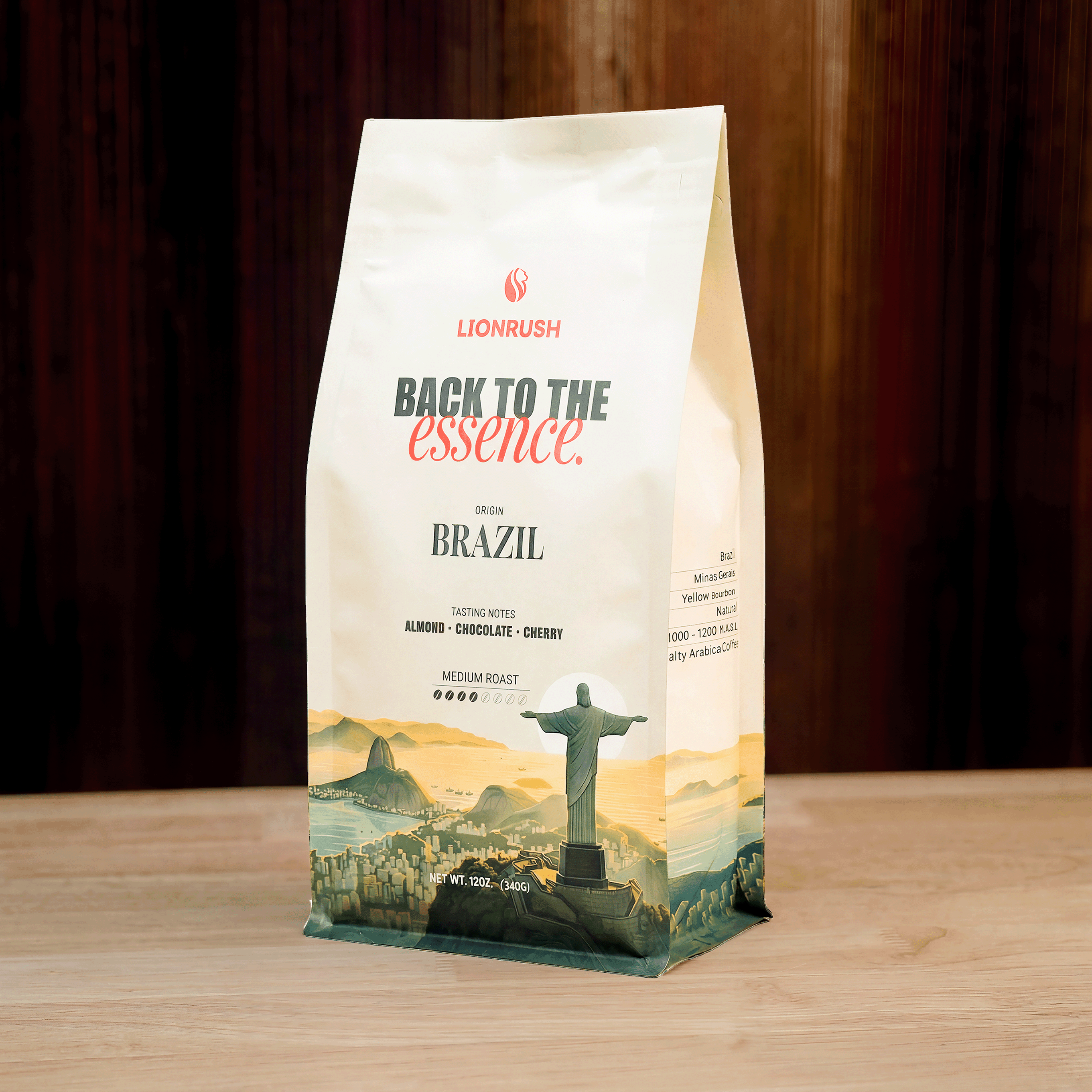 Coffee bag with Lionrush branding and a scenic design on a wooden surface