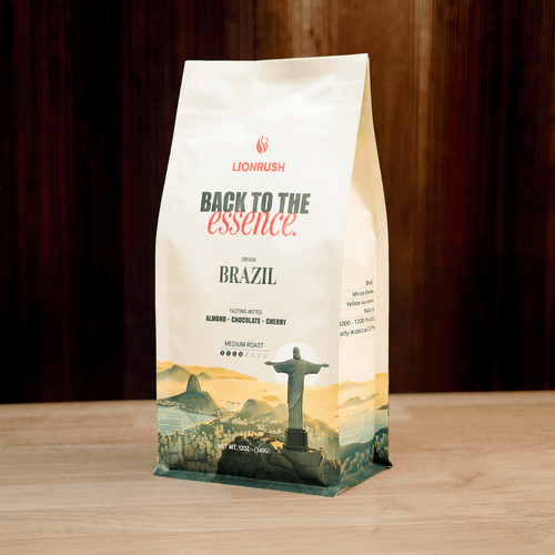 Coffee bag with Lionrush branding and a scenic design on a wooden surface