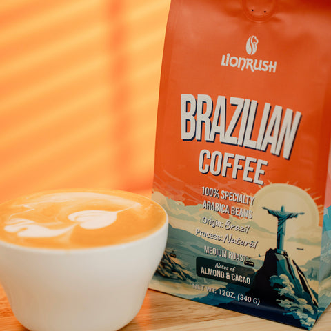 Brazillian coffee by lionrush package with a cup of coffee on an orange background
