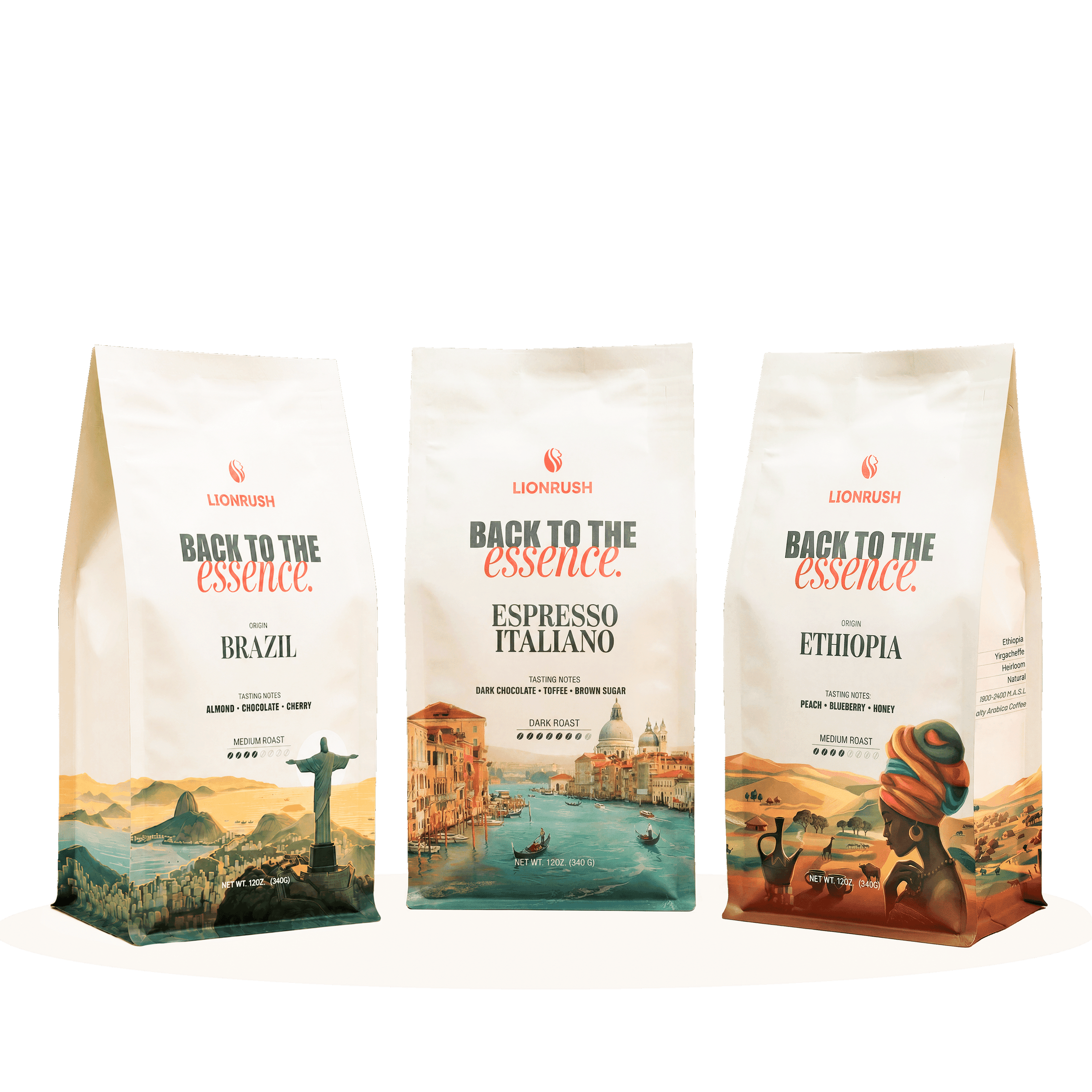 Three coffee bags from Lionbrush with different designs and text on a white background