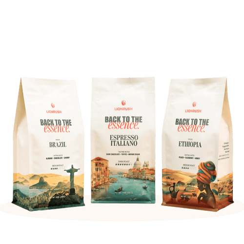 Three coffee bags from Lionbrush with different designs and text on a white background