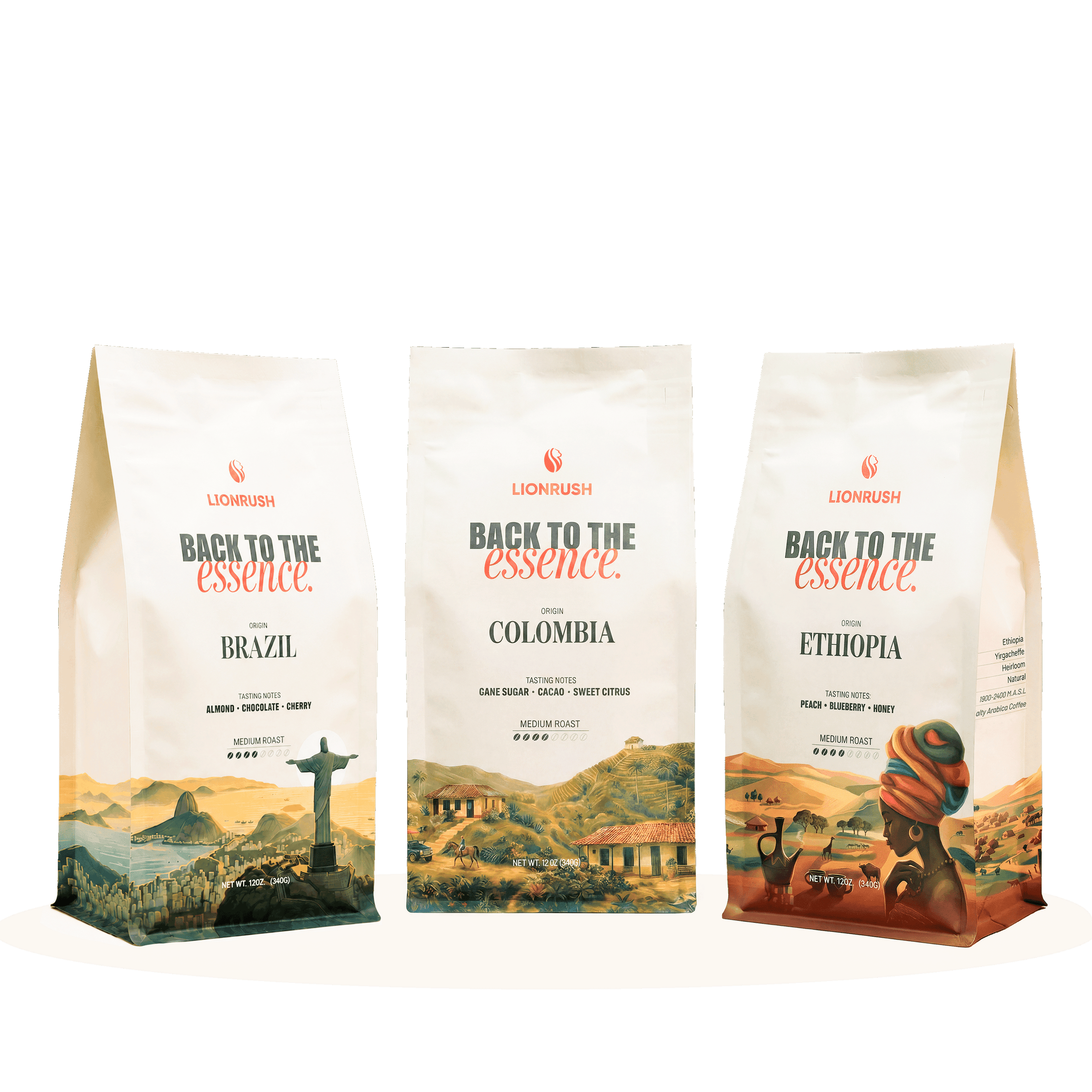 Three coffee bags from Lionbrush with scenic designs and text on a white background