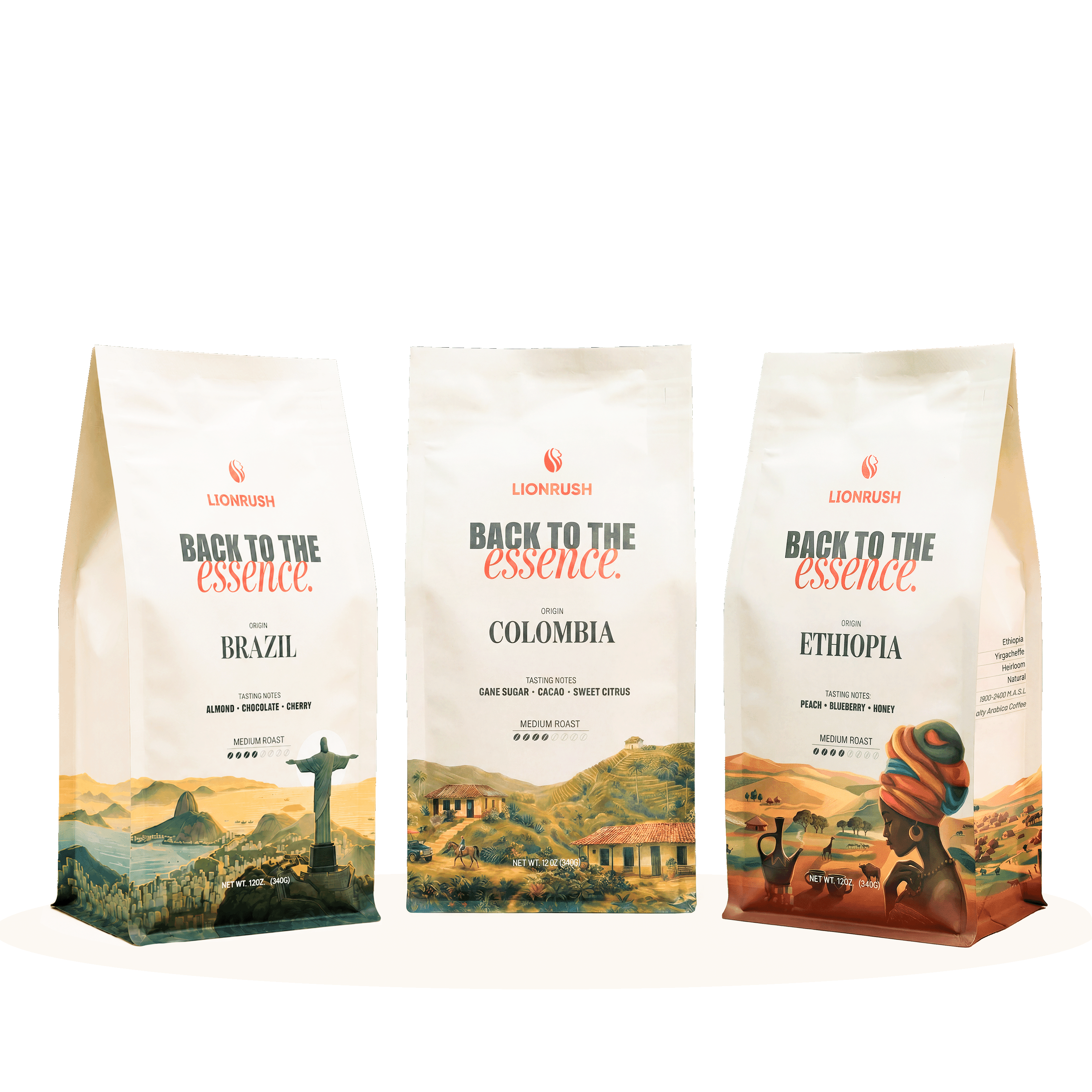 Three coffee bags from Lionbrush with scenic designs and text on a white background