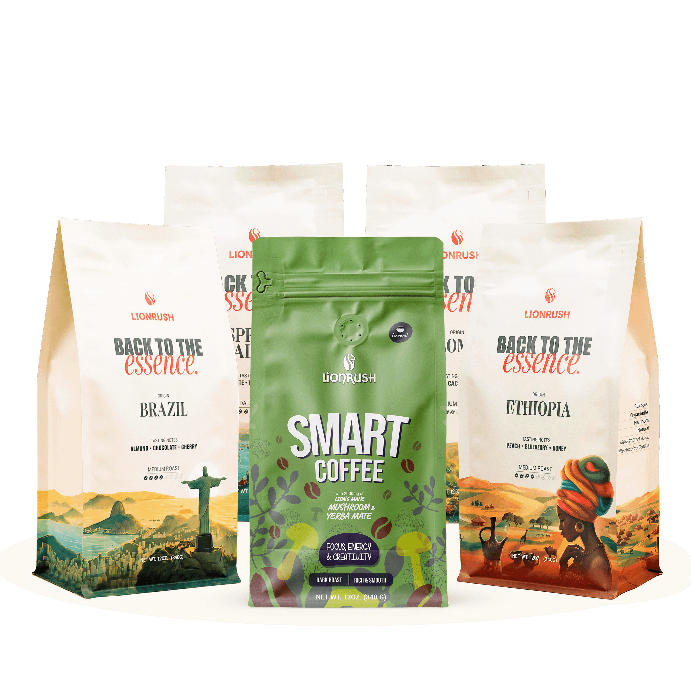 Collection of Lionrush coffee packages with 'Back to the Essence' and 'Smart Coffee' branding on a white background.
