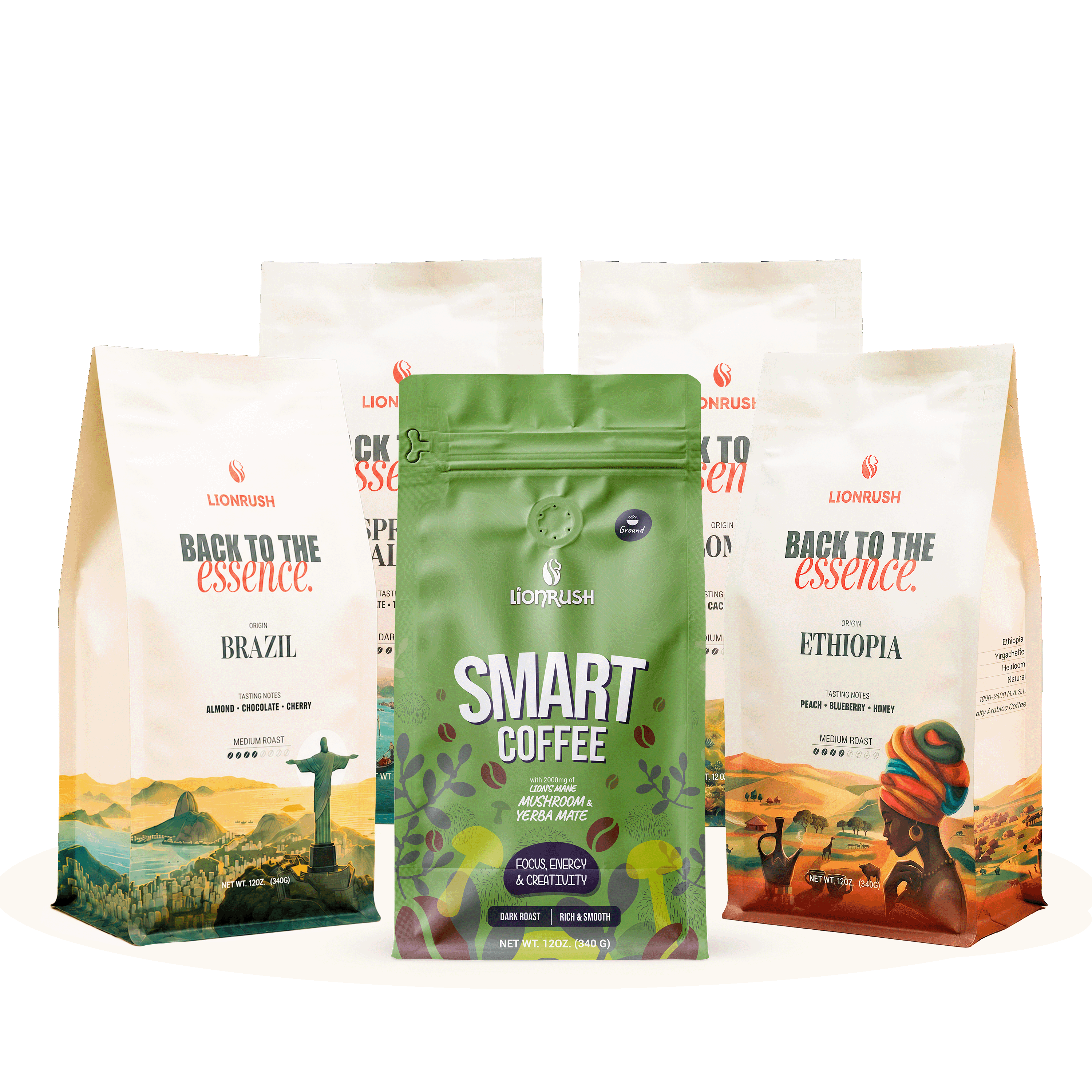 Collection of Lionrush coffee packages with 'Back to the Essence' and 'Smart Coffee' branding on a white background.