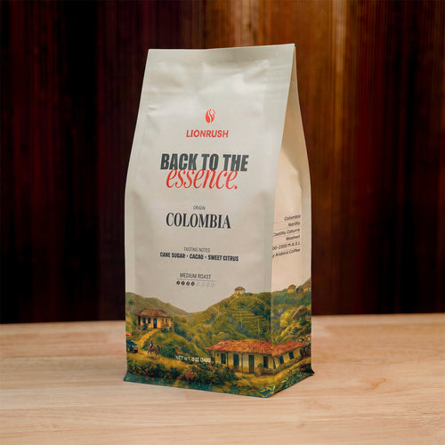 Coffee bag from LionRush with a scenic design on a wooden surface