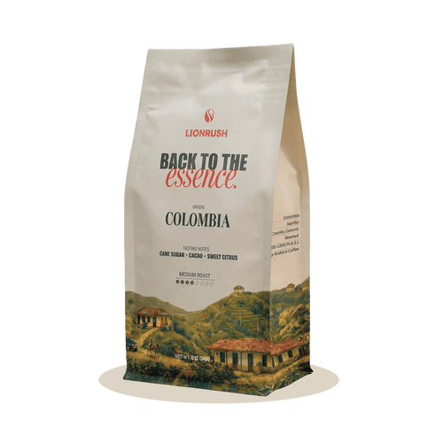 Coffee bag with 'Lionrush' branding and 'Back to the essence Colombia' text on a white background