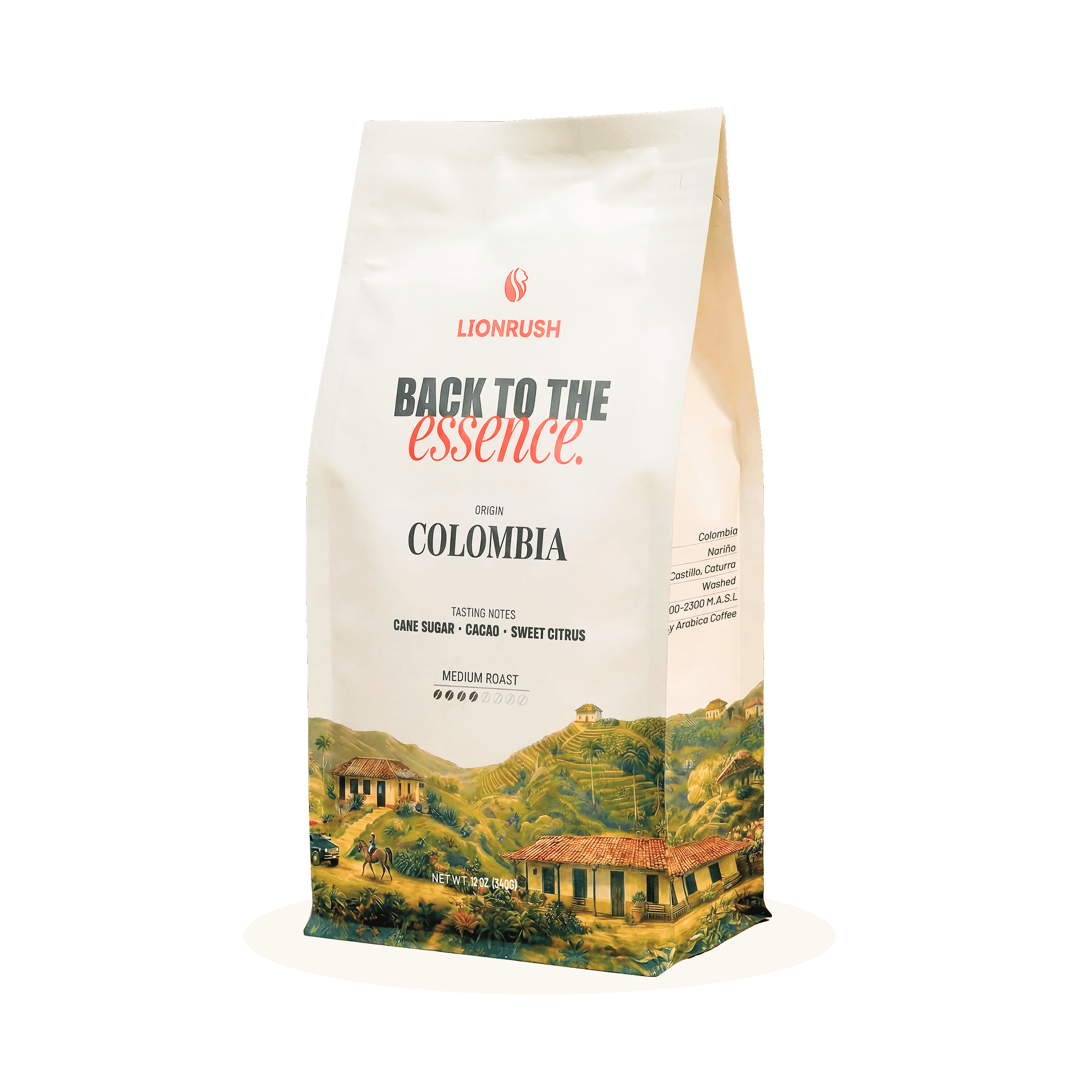 Coffee bag with scenic design and 'Back to the Essence' branding on a white background
