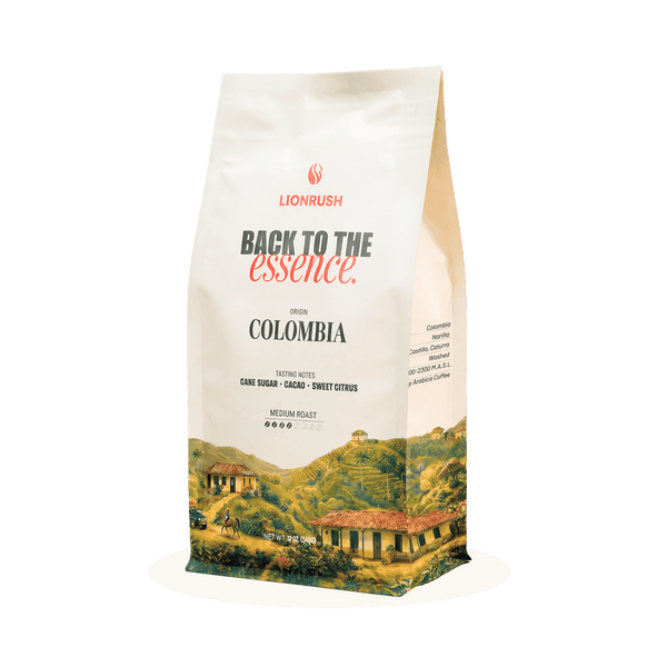 Coffee bag with scenic design and 'Back to the Essence' branding on a white background