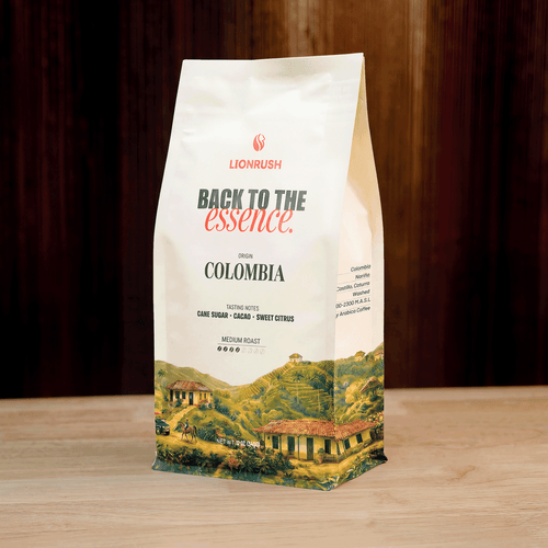 Coffee bag with 'Lionrush' branding and scenic design on a wooden surface.