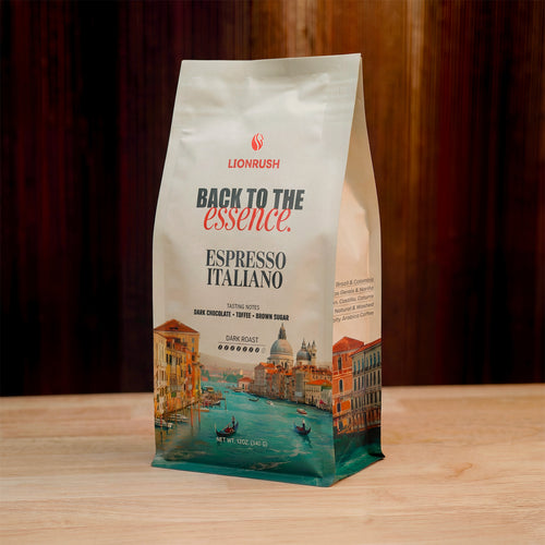 Coffee bag labeled 'Back to the Essence Espresso Italiano' by LionRush on a wooden surface with a blurred background.