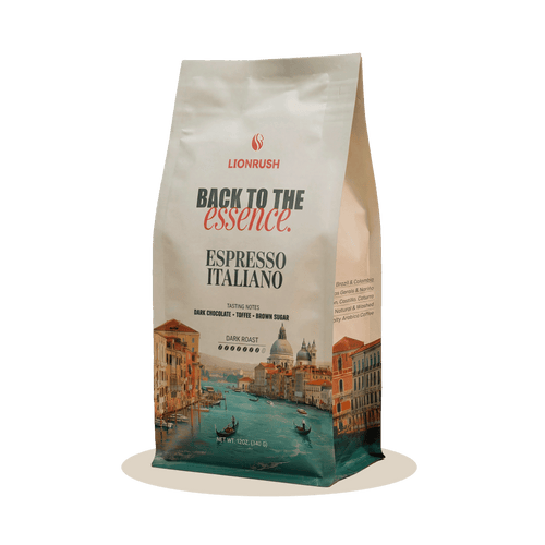 Coffee bag labeled 'Back to the Essence Espresso Italiano' with scenic design on a white background