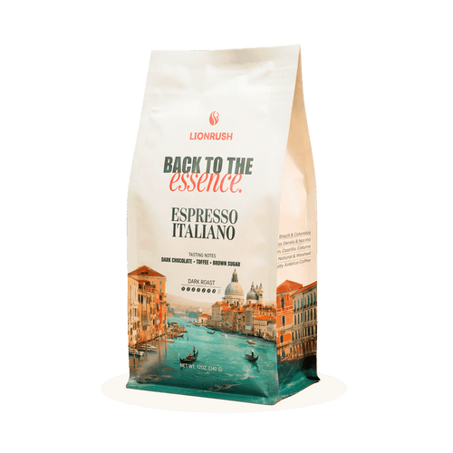 Coffee bag labeled 'Back to the Essence Espresso Italiano' with scenic design on a white background