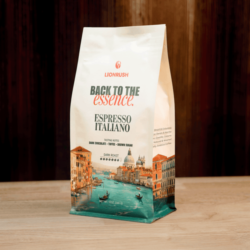 Coffee bag with scenic design on a wooden surface