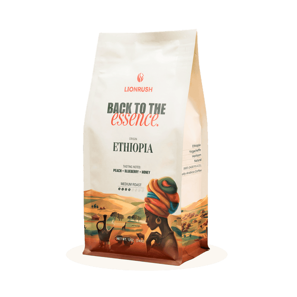Coffee bag with 'Back to the Essence' branding and an illustration of a person wearing a colorful headscarf.