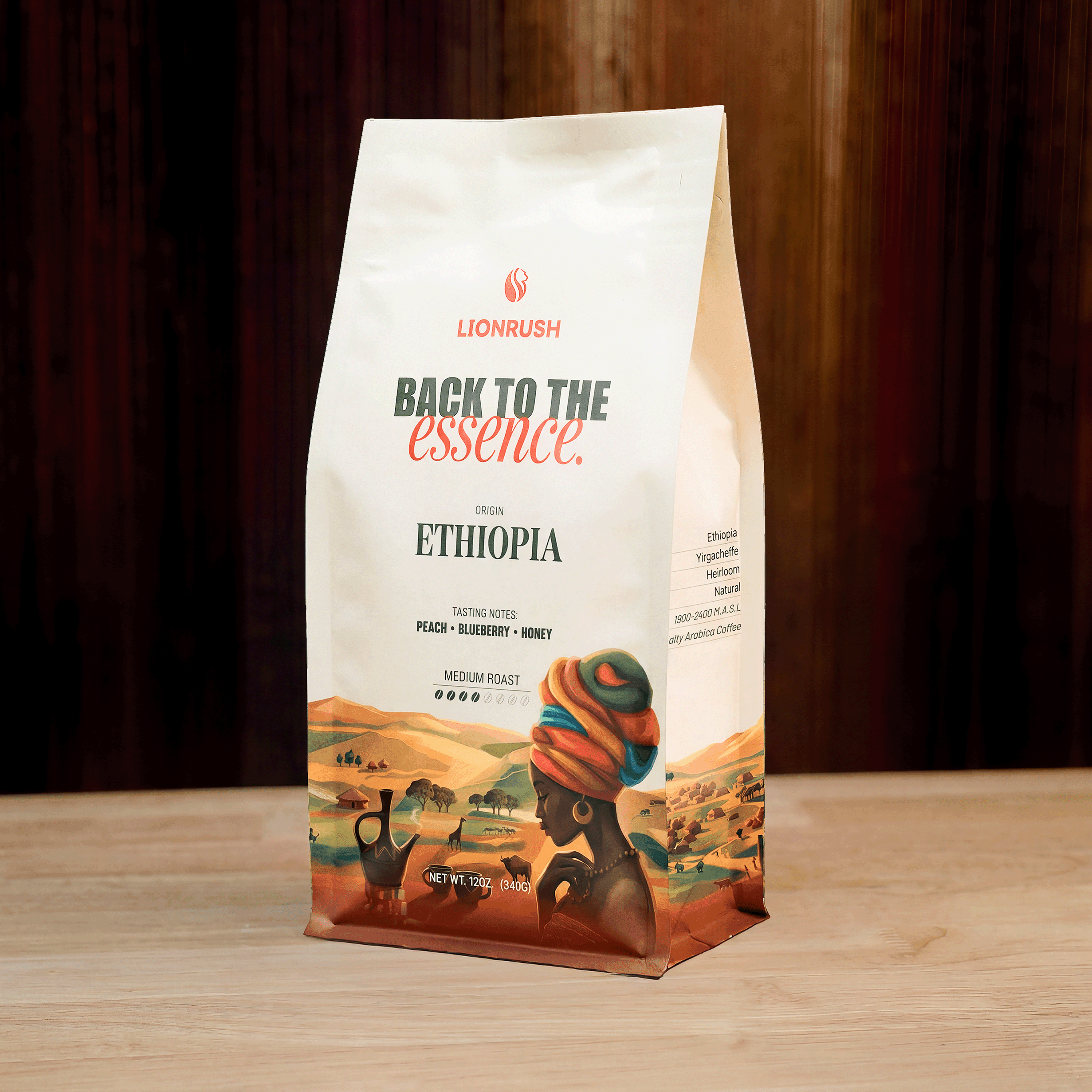 Coffee bag with 'Back to the Essence' branding on a wooden surface