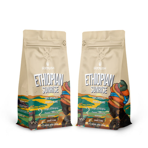 two bags of ethiopian sunrise by lionrush coffee